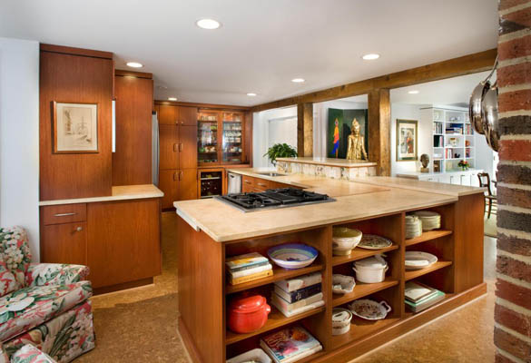 renovated kitchen with built-in open shelving under countertop