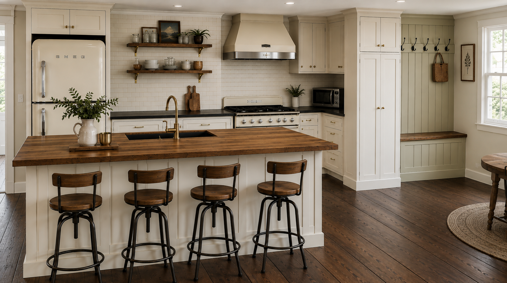 6.8.26presentationrender 3D render of a kitchen with retro appliances, butcher block island countertop