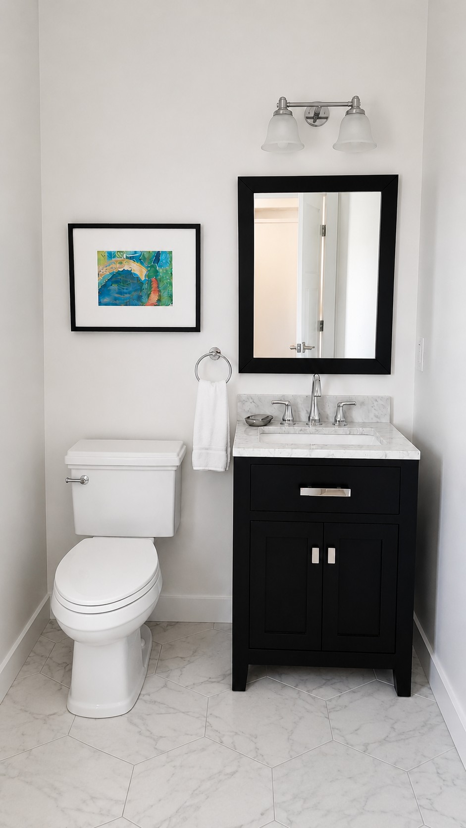 Marble accent powder bathroom black mirror and white walls