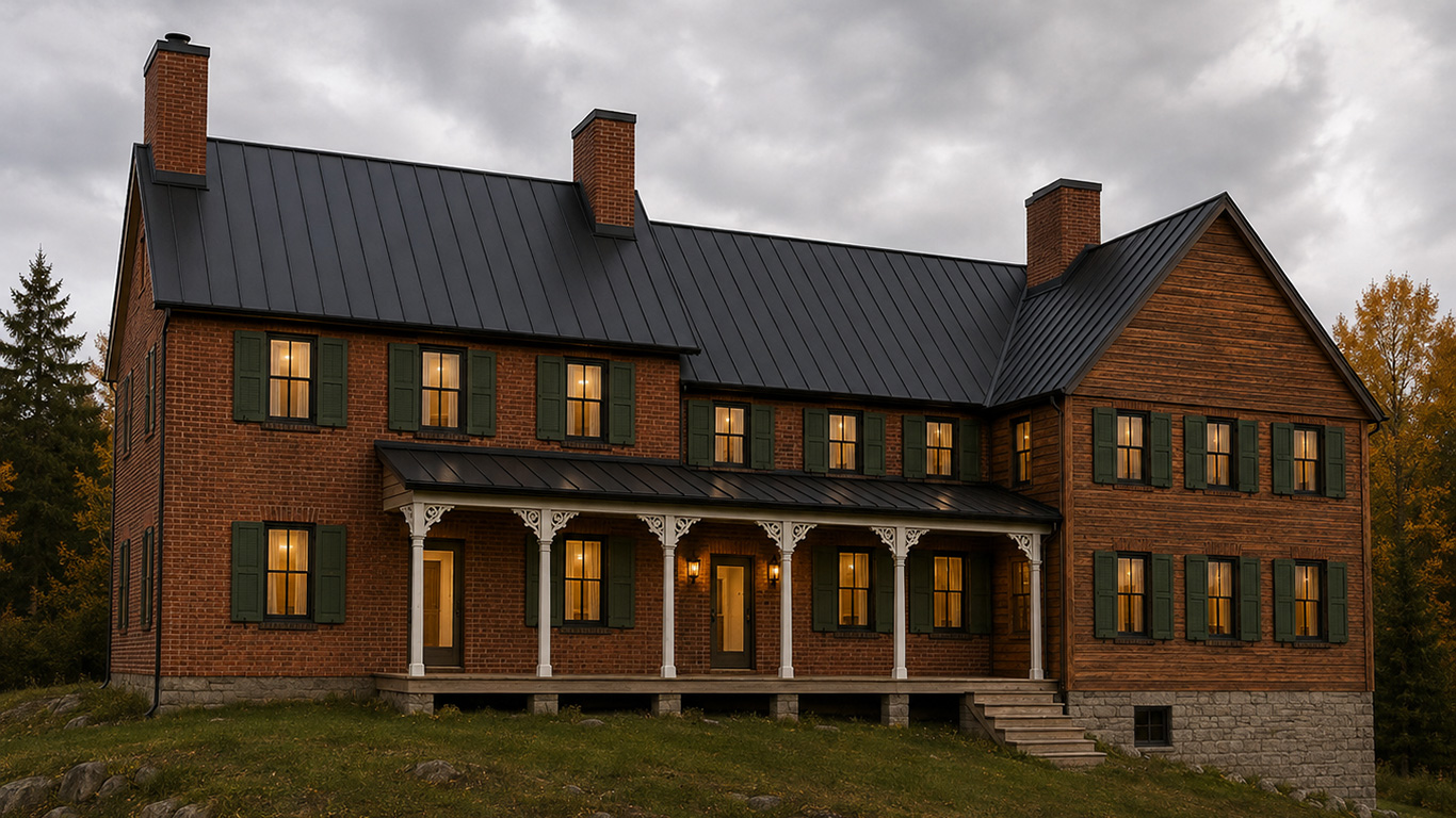 finishedrender3 3d model brick home with wood sided addition green shutters stone foundation and black metal roof
