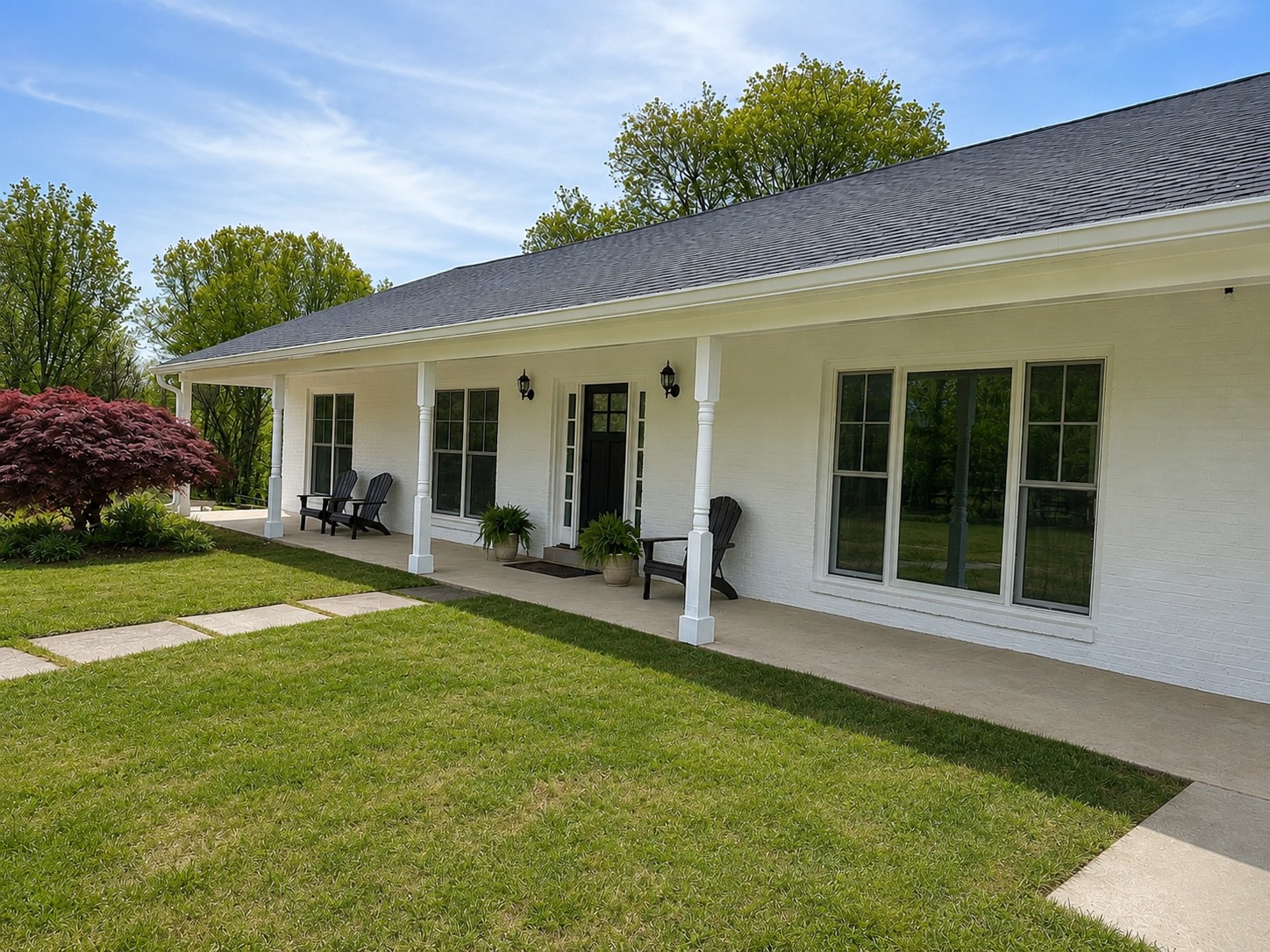 rambler large windows white columns, white painted brick