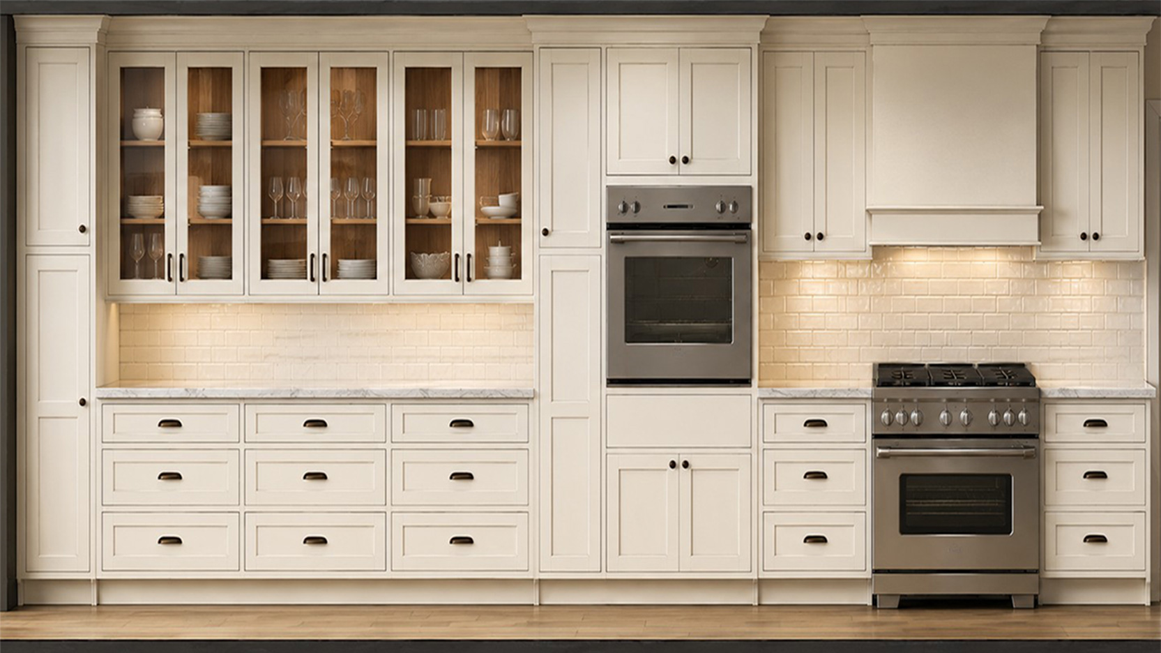 render elevation 3D design with cream color cabinet upper glass cabinet has wood colored interior for contrast