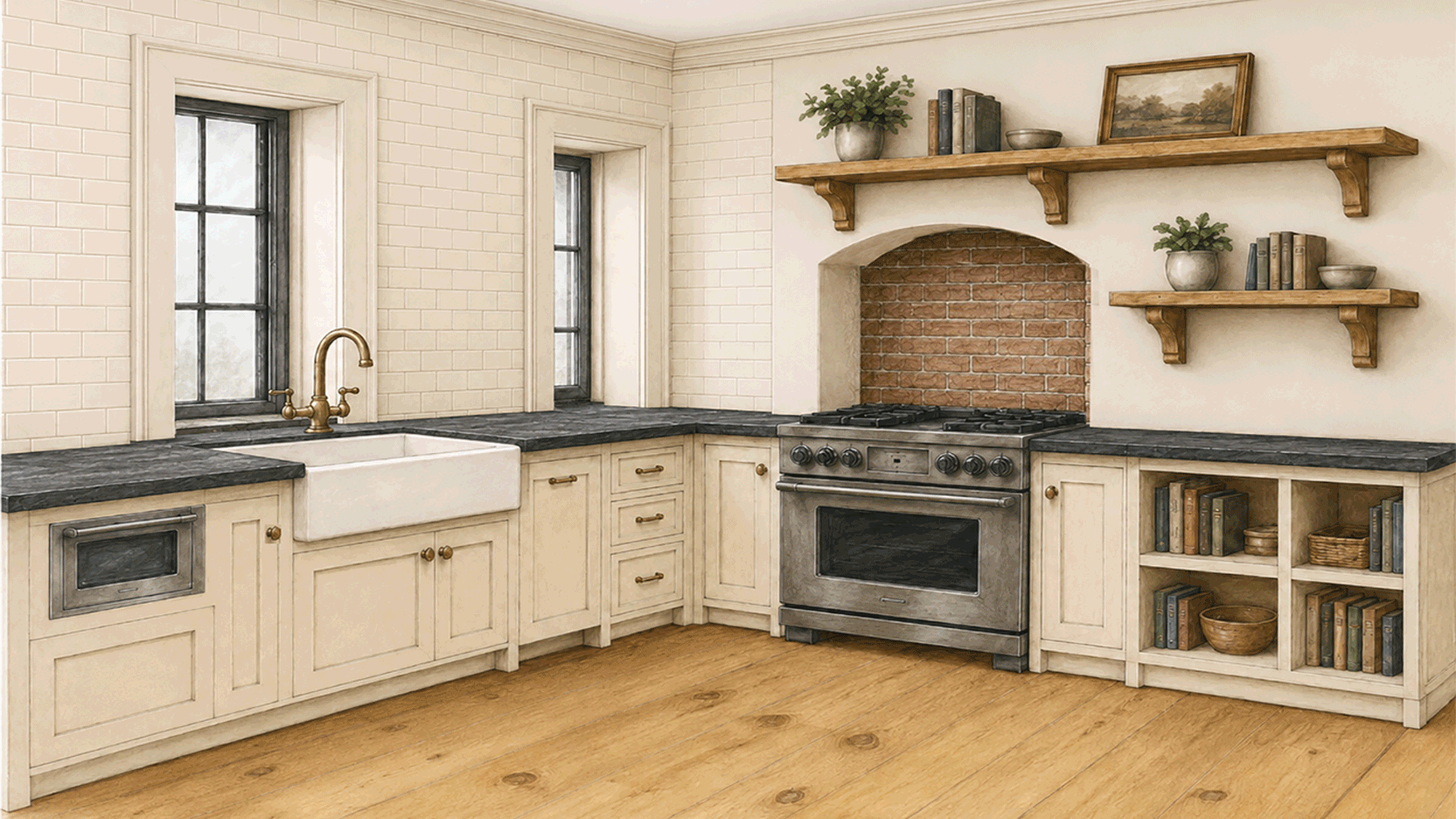 rangeviewsketch2 3D rendered sketch of a kitchen with cream cabinets and black stone countertop an open bookcase and apron front sink.